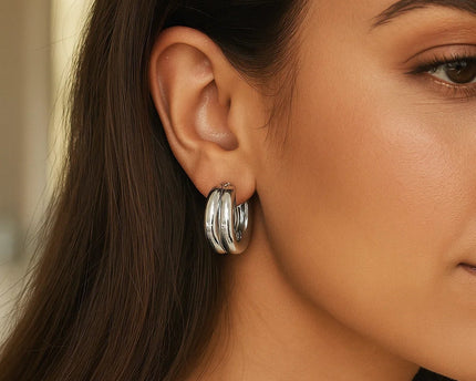 Sterling Silver Puffed Double Row Hoop Earrings