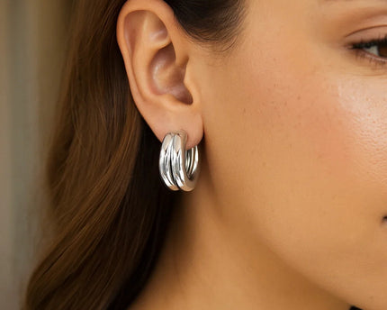 Sterling Silver Puffed Double Row Hoop Earrings