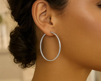 Rhodium Plated Hoop Earrings in Sterling Silver (3x50mm)