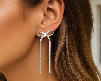 Sterling Silver Snake Chain Drop Dangle Bow Earrings