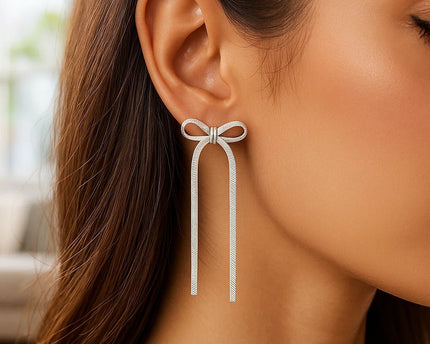 Sterling Silver Snake Chain Drop Dangle Bow Earrings