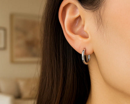 Sterling Silver Polished Hoop Style Earrings with Rhodium Plating (3x15mm)