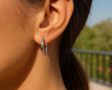 Sterling Silver Polished Hoop Style Earrings with Rhodium Plating (3x15mm)