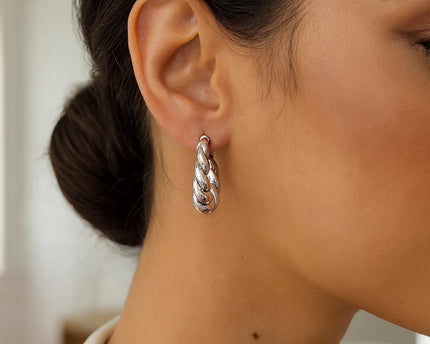 Sterling Silver Rhodium Plated Twisted Hoop Earrings