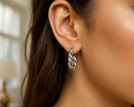 Sterling Silver Rhodium Plated Twisted Hoop Earrings