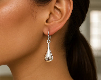 Sterling Silver Long Teardrop Shape Puff Drop Earrings