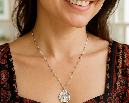 Sterling Silver Rhodium Plated Tree of Life Pendant Necklace