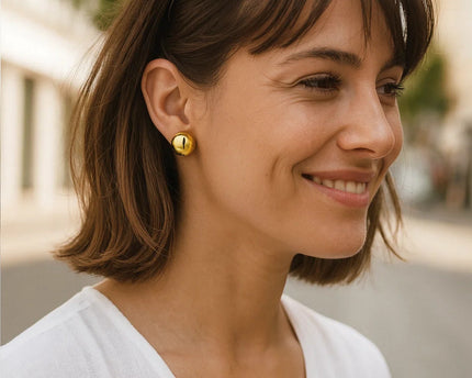 Sterling Silver Yellow Gold Plated Puffed Button Omega Earrings