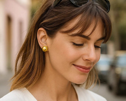 Sterling Silver Yellow Gold Plated Puffed Button Omega Earrings