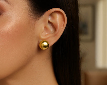 Sterling Silver Yellow Gold Plated Puffed Button Omega Earrings