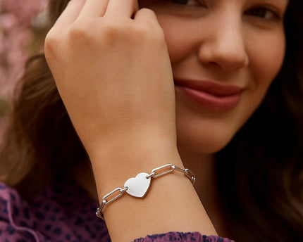 Sterling Silver Rhodium Plated Engravable Heart Paperclip Bracelet (2.10 mm)