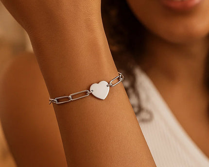 Sterling Silver Rhodium Plated Engravable Heart Paperclip Bracelet (2.10 mm)