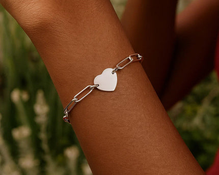 Sterling Silver Rhodium Plated Engravable Heart Paperclip Bracelet (2.10 mm)