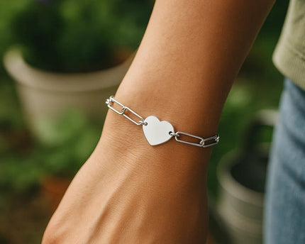 Sterling Silver Rhodium Plated Engravable Heart Paperclip Bracelet (2.10 mm)