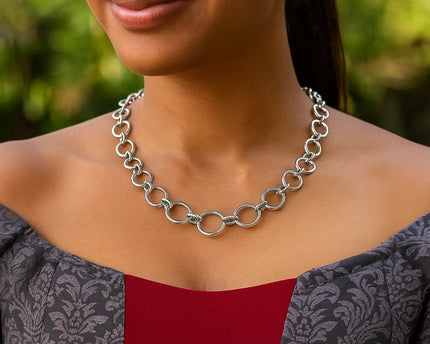 Sterling Silver Rhodium Plated Round Link Necklace