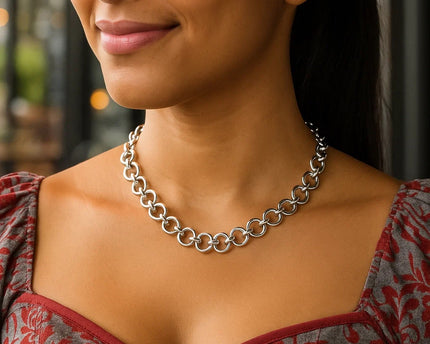 Sterling Silver Rhodium Plated Round Link Necklace