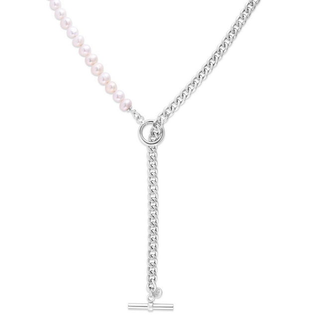 Sterling Silver Rhodium Plated Freshwater Pearl Paperclip toggle Necklace