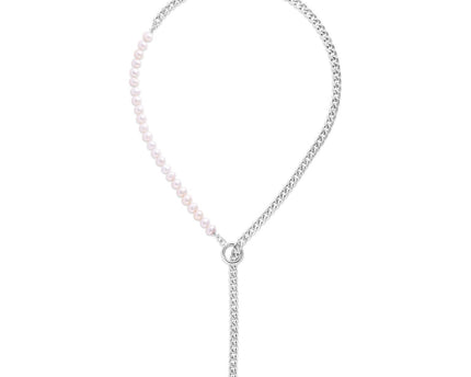 Sterling Silver Rhodium Plated Freshwater Pearl Paperclip toggle Necklace