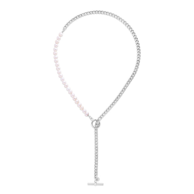 Sterling Silver Rhodium Plated Freshwater Pearl Paperclip toggle Necklace