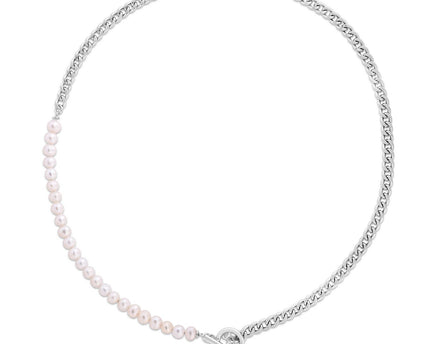 Sterling Silver Rhodium Plated Freshwater Pearl Paperclip toggle Necklace