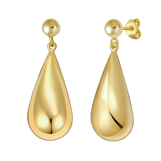 Sterling Silver Yellow Gold Plated Puffed Teardrop Dangle Earrings