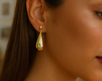 Sterling Silver Yellow Gold Plated Puffed Teardrop Dangle Earrings