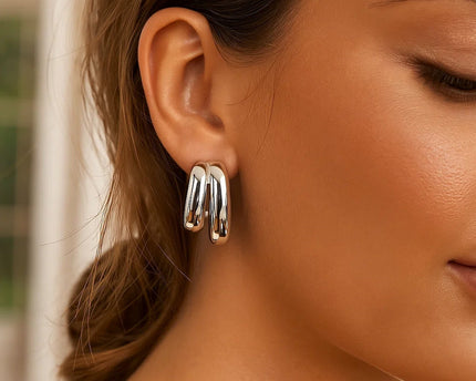 Sterling Silver Double Row Big and Small Hoop Earrings