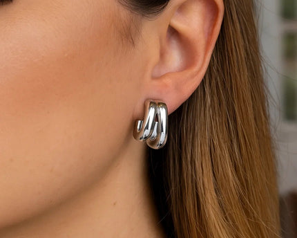 Sterling Silver Double Row Big and Small Hoop Earrings