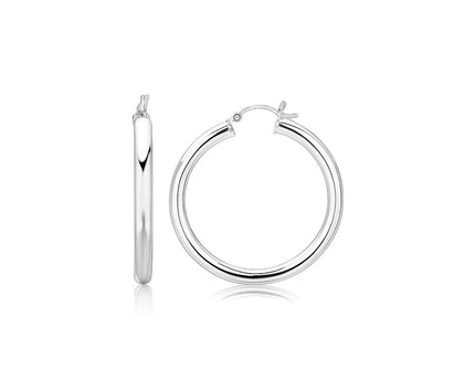 Sterling Silver Thick Rhodium Plated Polished Hoop Style Earrings (4x35mm)