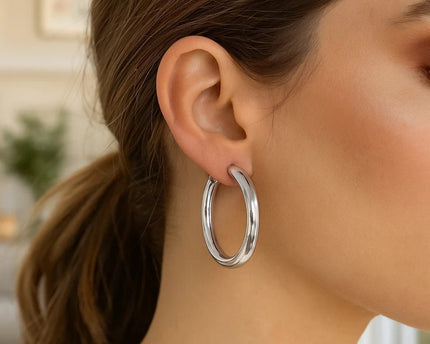 Sterling Silver Thick Rhodium Plated Polished Hoop Style Earrings (4x35mm)