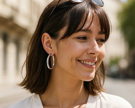 Sterling Silver Thick Rhodium Plated Polished Hoop Style Earrings (4x35mm)