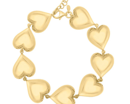 Sterling Silver Yellow Gold Plated Puffed Hearts Bracelet
