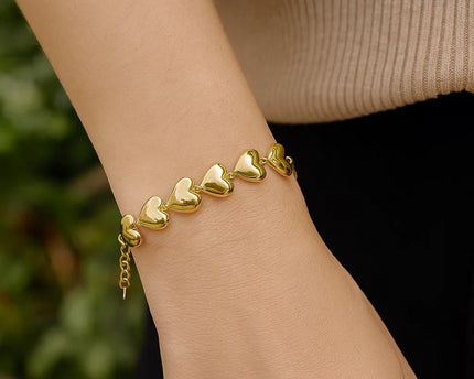 Sterling Silver Yellow Gold Plated Puffed Hearts Bracelet