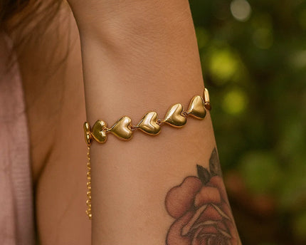 Sterling Silver Yellow Gold Plated Puffed Hearts Bracelet