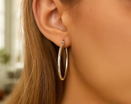 Sterling Silver Rhodium Plated Large Polished Classic Hoop Earrings (3x40mm)