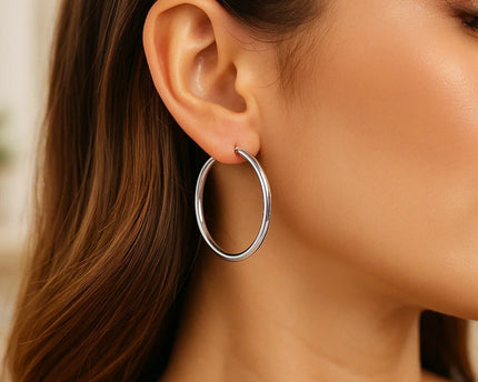 Sterling Silver Rhodium Plated Large Polished Classic Hoop Earrings (3x40mm)