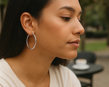 Sterling Silver Rhodium Plated Large Polished Classic Hoop Earrings (3x40mm)