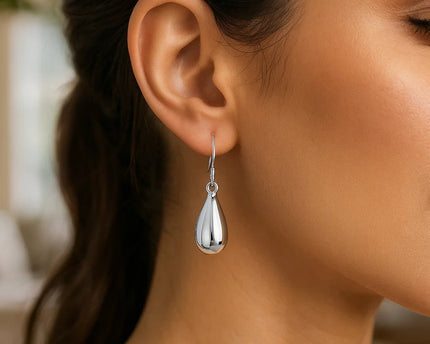 Sterling Silver Polished Puffed Teardrop Dangle Earrings