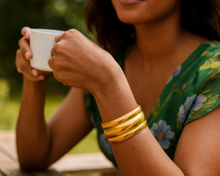 Sterling Silver Gold Plated Bold Ribbed Cuff Bangle (25.00 mm)