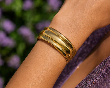 Sterling Silver Gold Plated Bold Ribbed Cuff Bangle (25.00 mm)