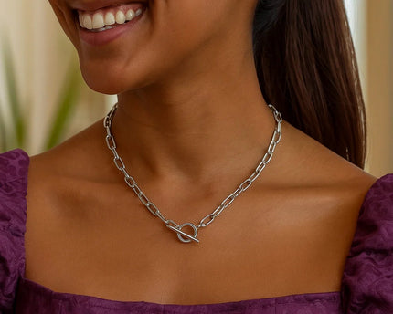 Sterling Silver Rhodium Plated Paperclip Toggle Necklace