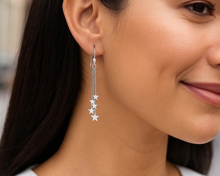 Sterling Silver Tassel Earrings with Polished Stars