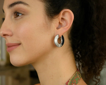 Sterling Silver Rhodium Plated Small Puffed Hoop Earrings