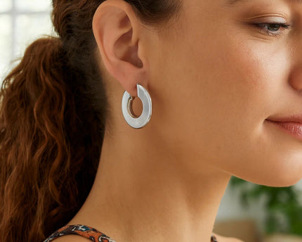 Sterling Silver Rhodium Plated Small Puffed Hoop Earrings