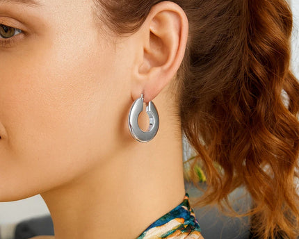 Sterling Silver Rhodium Plated Small Puffed Hoop Earrings
