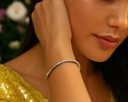 Sterling Silver Rhodium Plated Basketweave Stretch Bangle