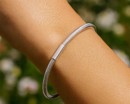 Sterling Silver Rhodium Plated Basketweave Stretch Bangle