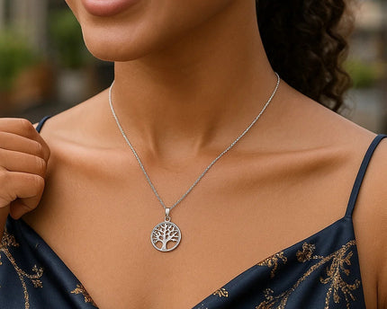 Sterling Silver inch Round Tree of Life Necklace