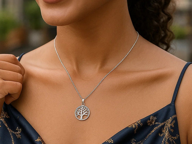Sterling Silver inch Round Tree of Life Necklace
