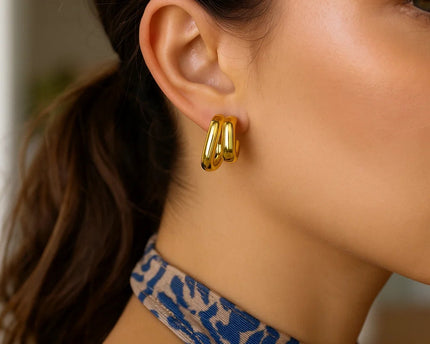 Sterling Silver Yellow Gold Plated Double Row Big and Small Hoop Earrings